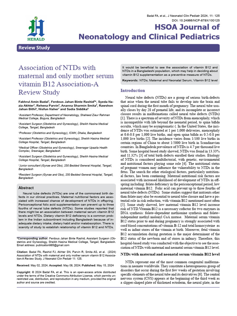Association of Ntds With Maternal and Only Mother Serum Vitamin b12 ...