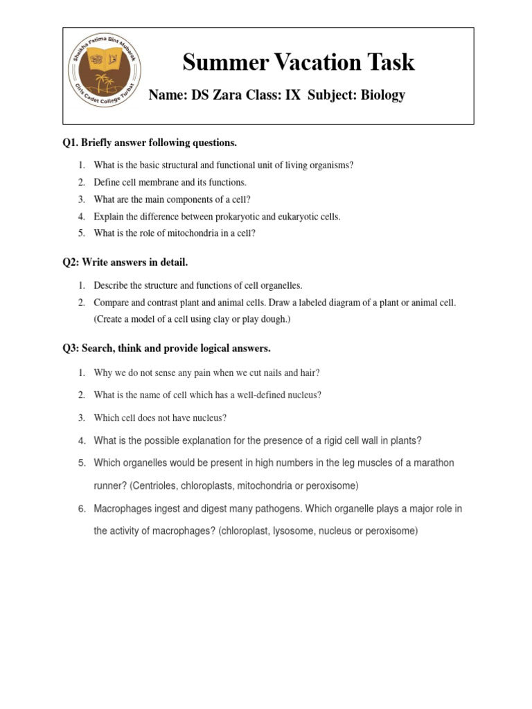 Biology and English Summer Task Guide | PDF | Cell (Biology) | Mole (Unit)
