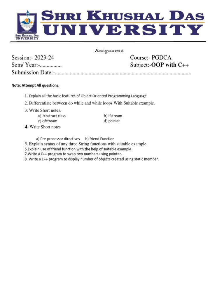 PGDCA Oop With C++ | PDF | Teaching Methods & Materials | Computers