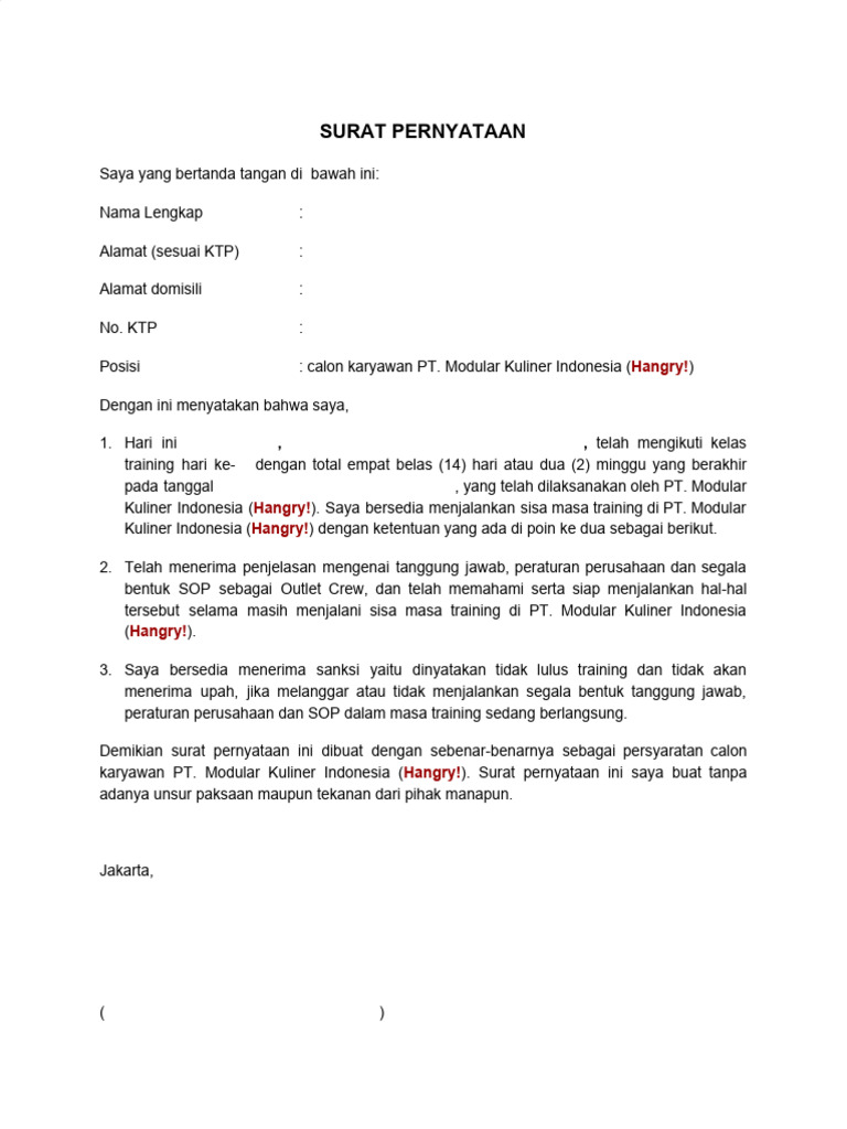 Surat Pernyataan (Outlet Staff) | PDF