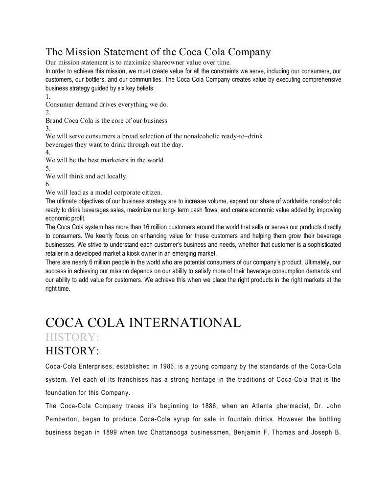 The Mission Statement of the Coca Cola Company | Pepsi Co | Coca Cola