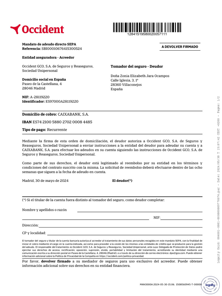 Mandato de Adeudo Directo SEPA 2024 | PDF | Seguro | Reaseguro