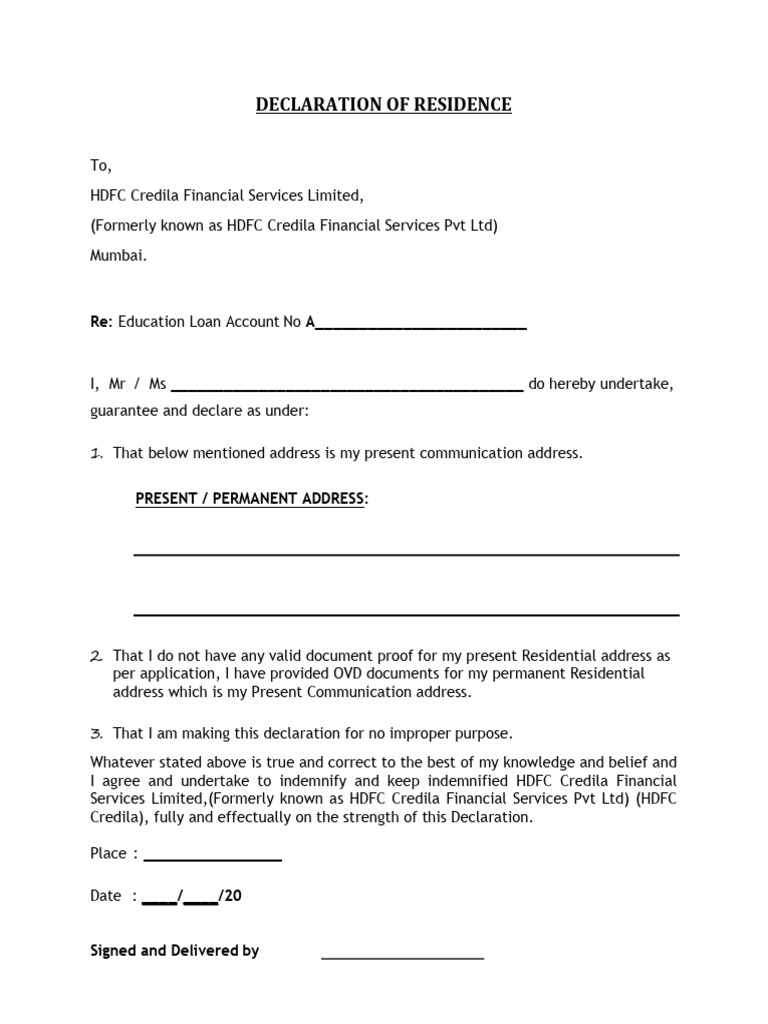 HDFC Credila Residence Declaration Form | PDF | Loans | Credit Bureau