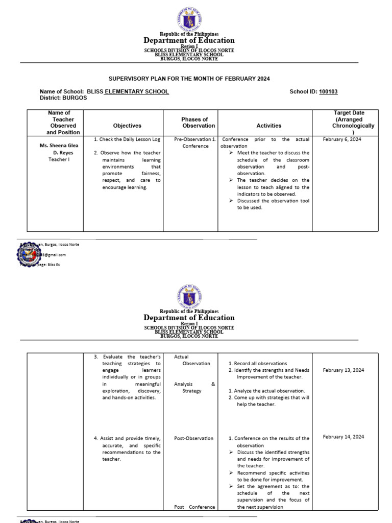 Supervisory Plan for February 2024 | PDF | Teachers | Learning