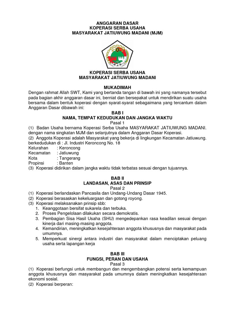 AD Koperasi MJM Jatiuwung Madani | PDF | Hukum