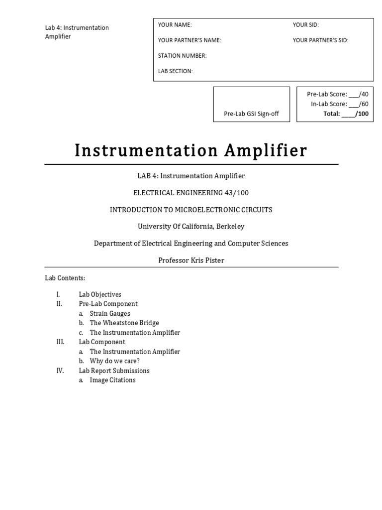 Lab 4 Instrumentation Amplifier 3 4 Pdf Amplifier Electrical