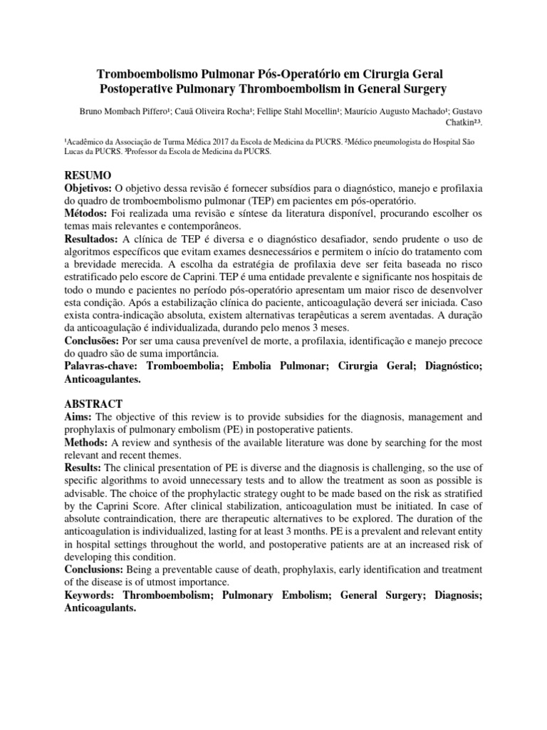TEP Pós-Operatório: Diagnóstico e Profilaxia | PDF | Eletrocardiografia ...