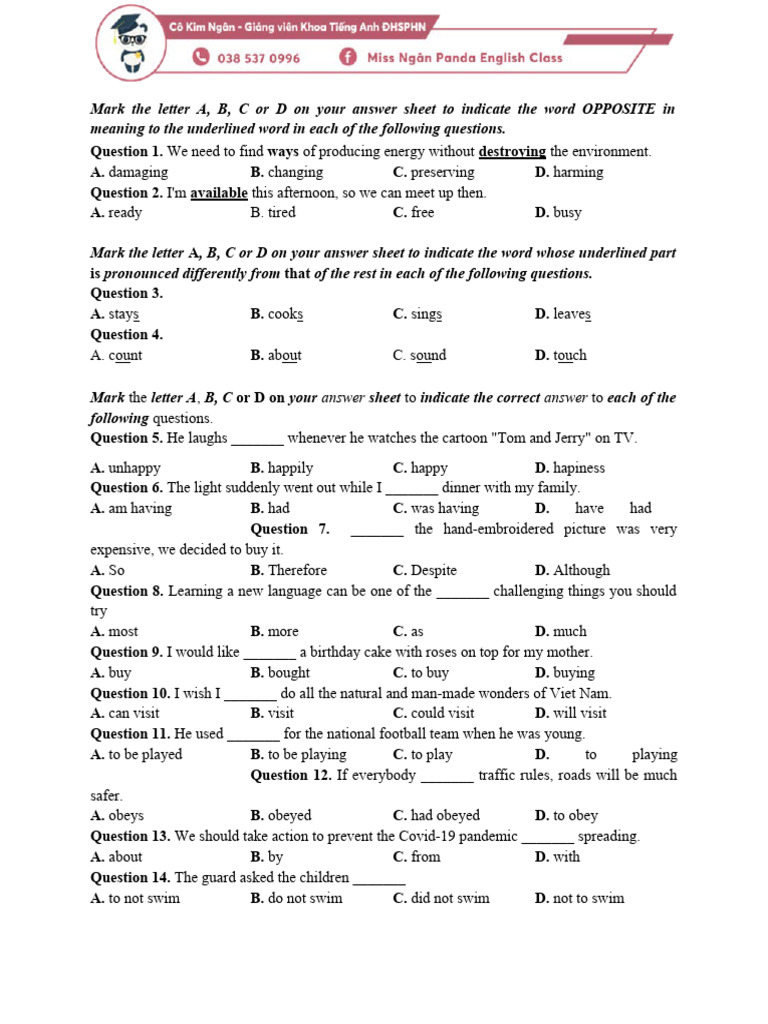 Vocabulary and Grammar Test Questions | PDF | Vietnam