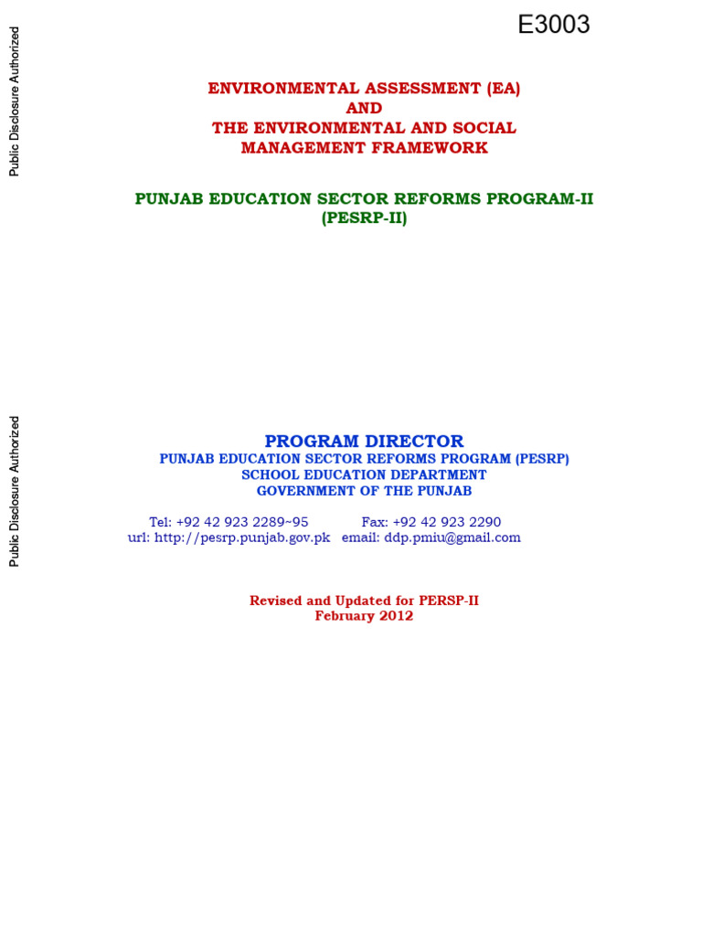 Punjab Education Sector Reforms ESMF | PDF | Environmental Impact ...