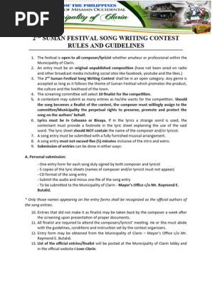 2ND SUMAN FESTIVAL SONG WRITING CONTEST RULES AND GUIDELINES and ENTRY FORM for fb