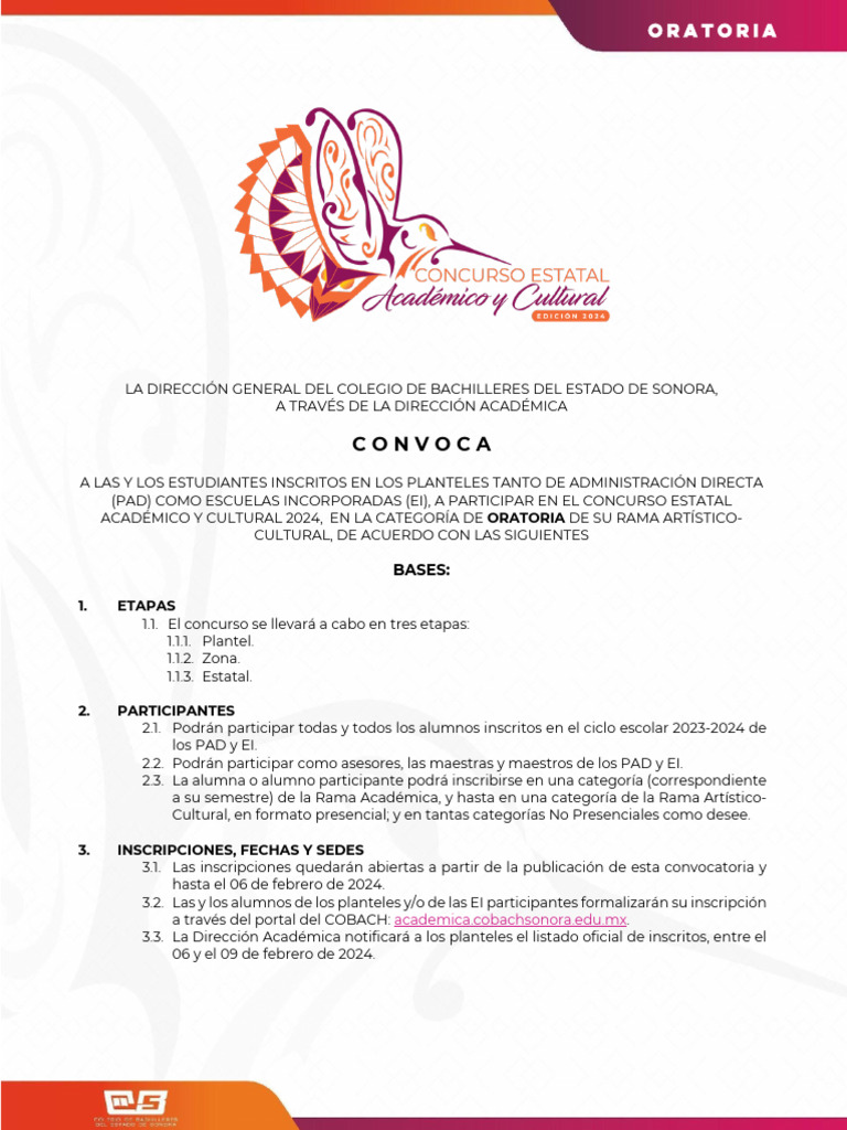 Concurso Estatal de Oratoria 2024 COBACH | PDF | Hablar en público ...