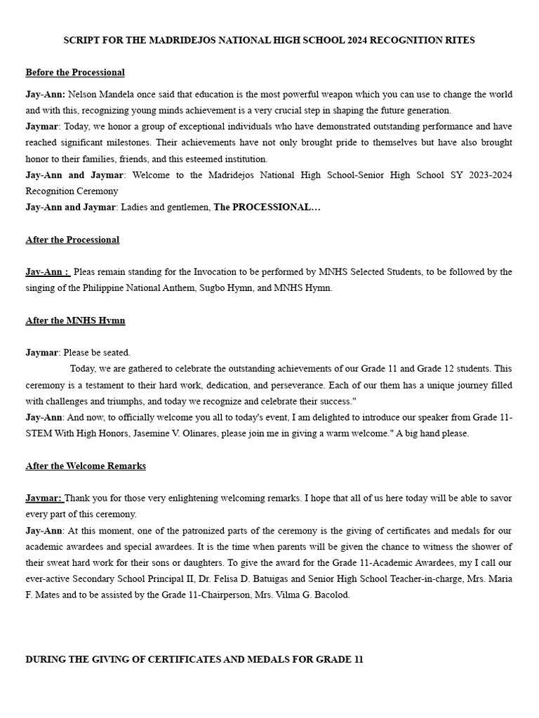 My Recognition Ceremony Script for SY 2023-2024 | PDF
