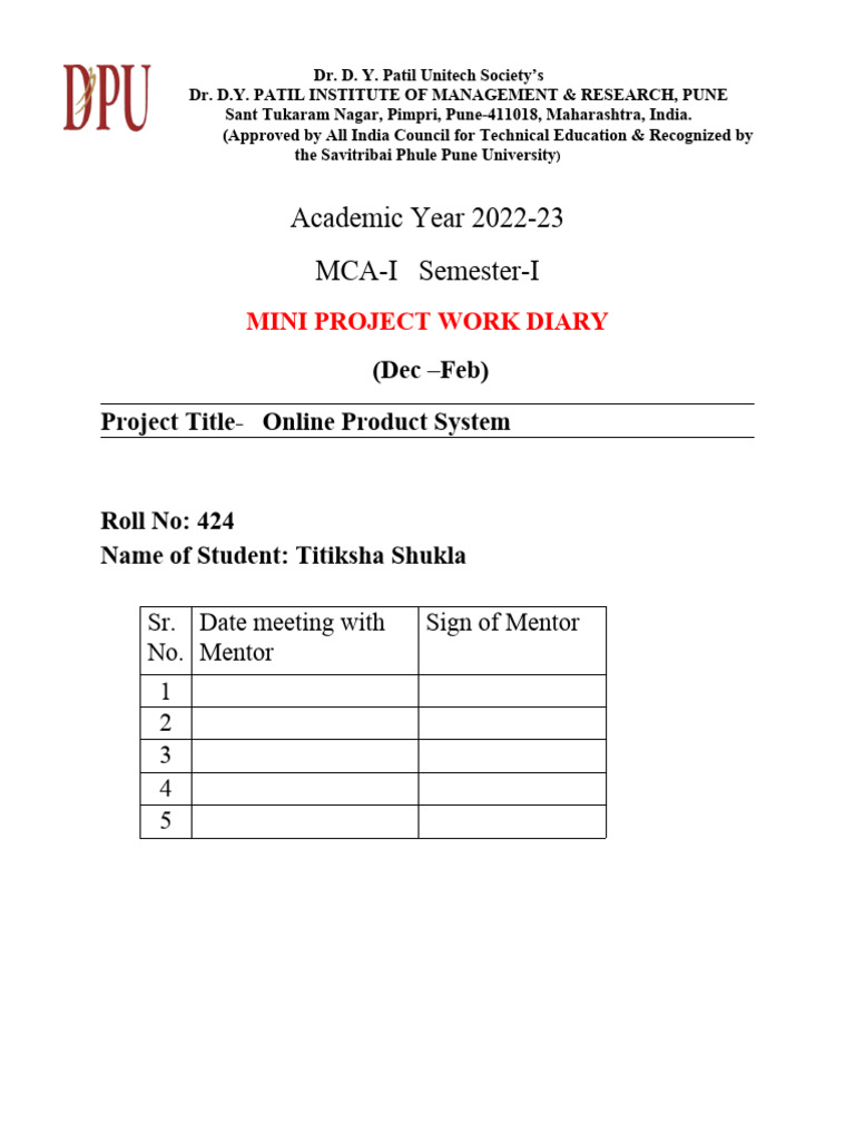 Mini Project Diary: Online Product System | PDF