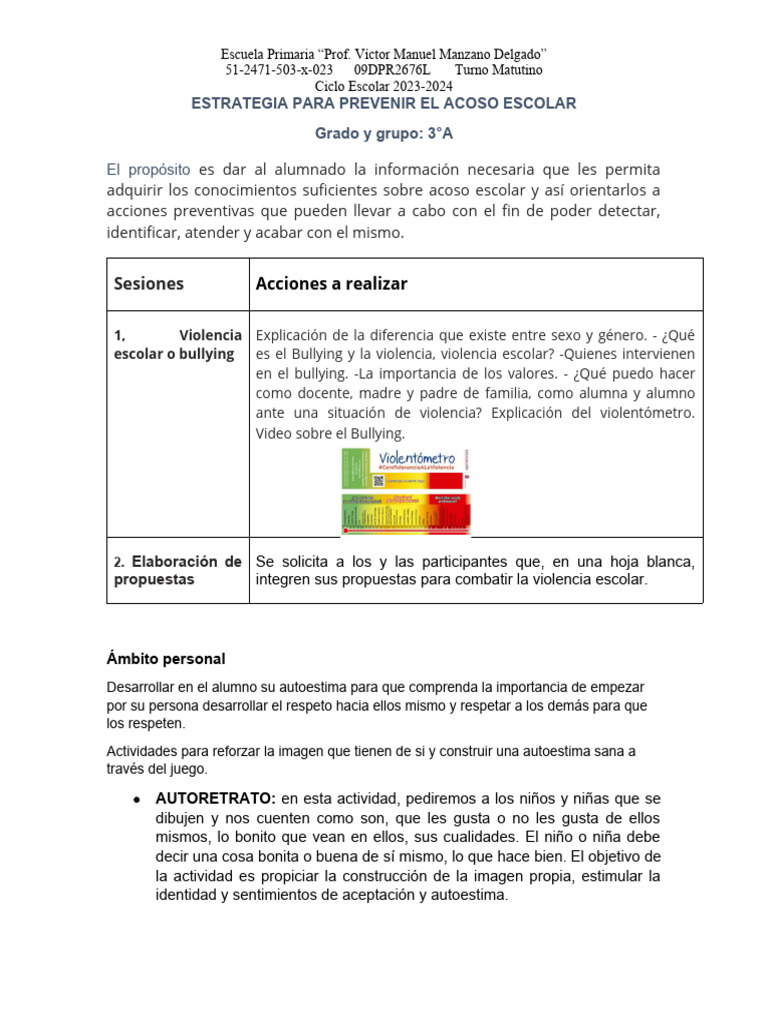 Estrategia contra el acoso escolar | PDF | Autoestima | Educación primaria
