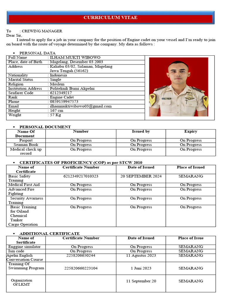 Engine Cadet Job Application - Ilham Mukti | PDF | Shipping