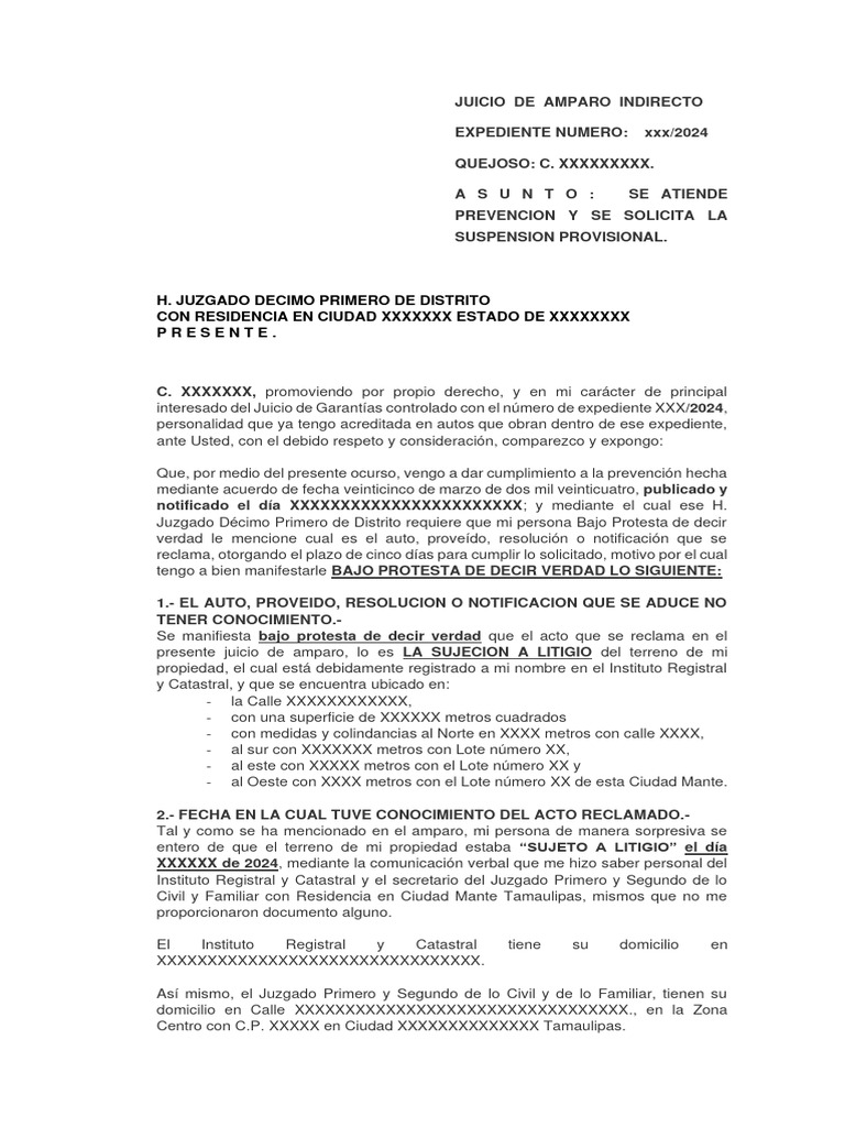 FORMATO PREVENCION DE AMPARO INDIRECTO 2024 | PDF | Justicia | Crimen y ...