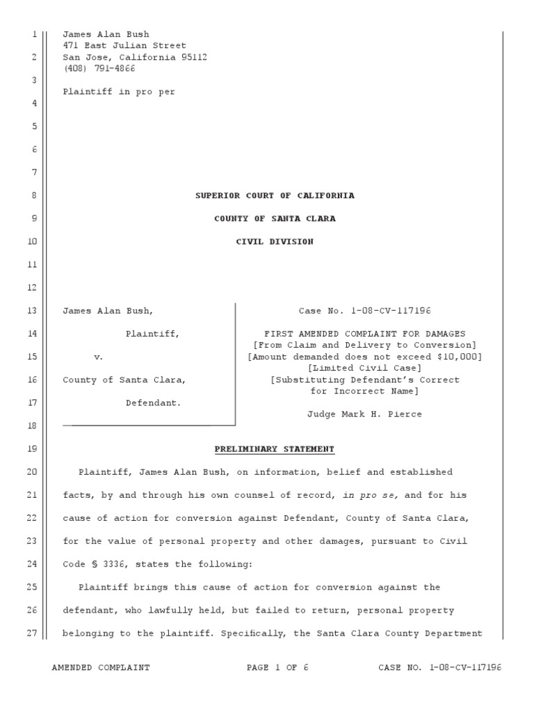 First Amended Complaint for Conversion Against Santa Clara County