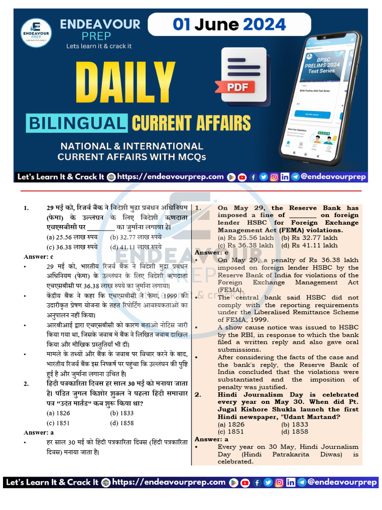 01 - June Bilingual Daily Current Affairs | PDF