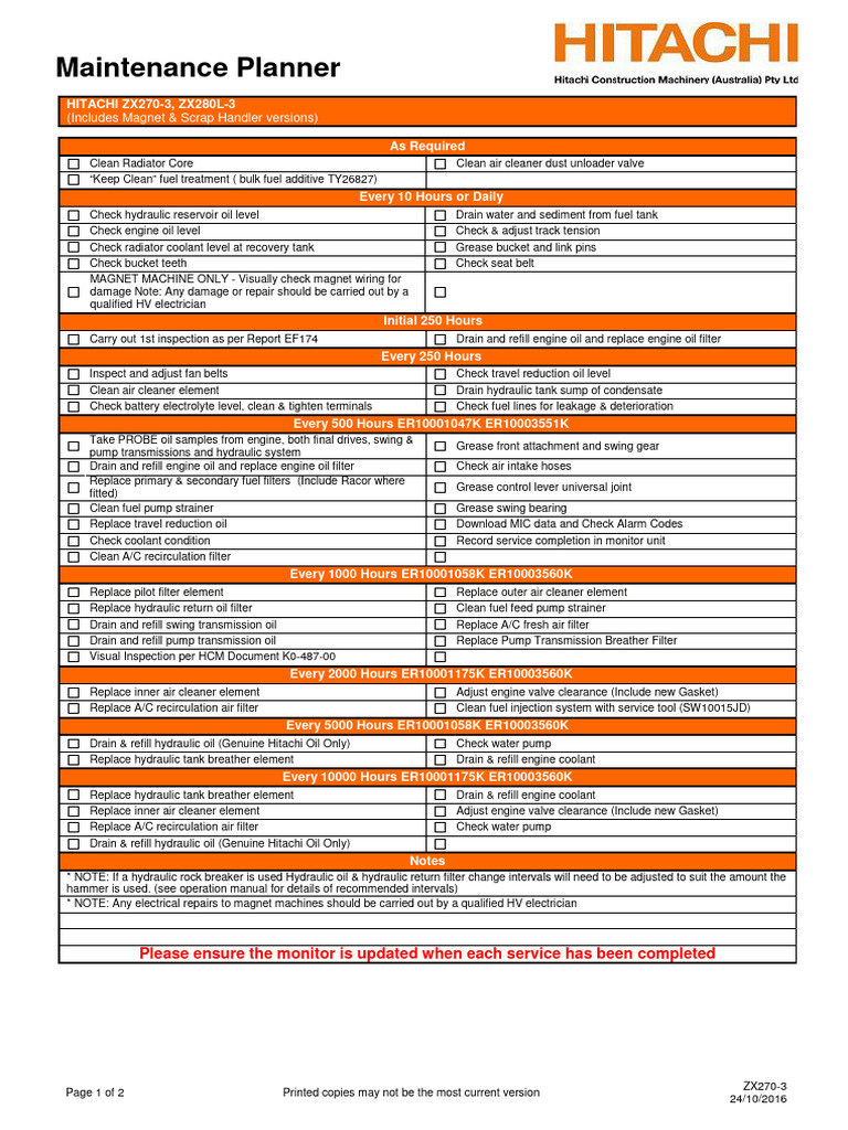 ZX270-3 Maintenance Planner | PDF | Pump | Motor Oil
