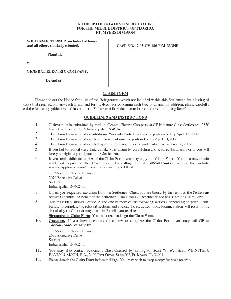 GE Refrigerator Class Action Claim Form PDF Class Action Refrigerator