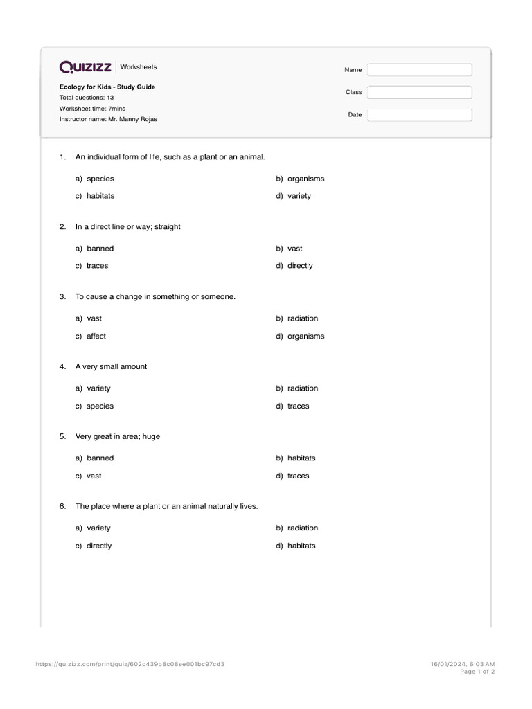 Ecology Comprehension Worksheet | PDF | Nature