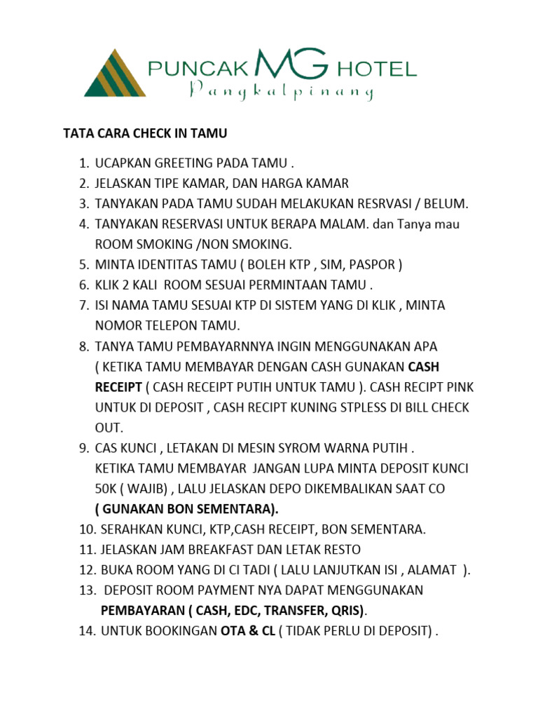 Panduan Check In Tamu Hotel | PDF | Pengelolaan Keuangan & Uang