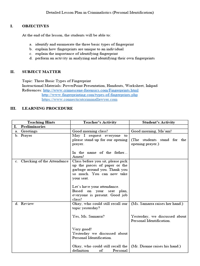 Lesson Plan: Fingerprint Identification | PDF | Fingerprint