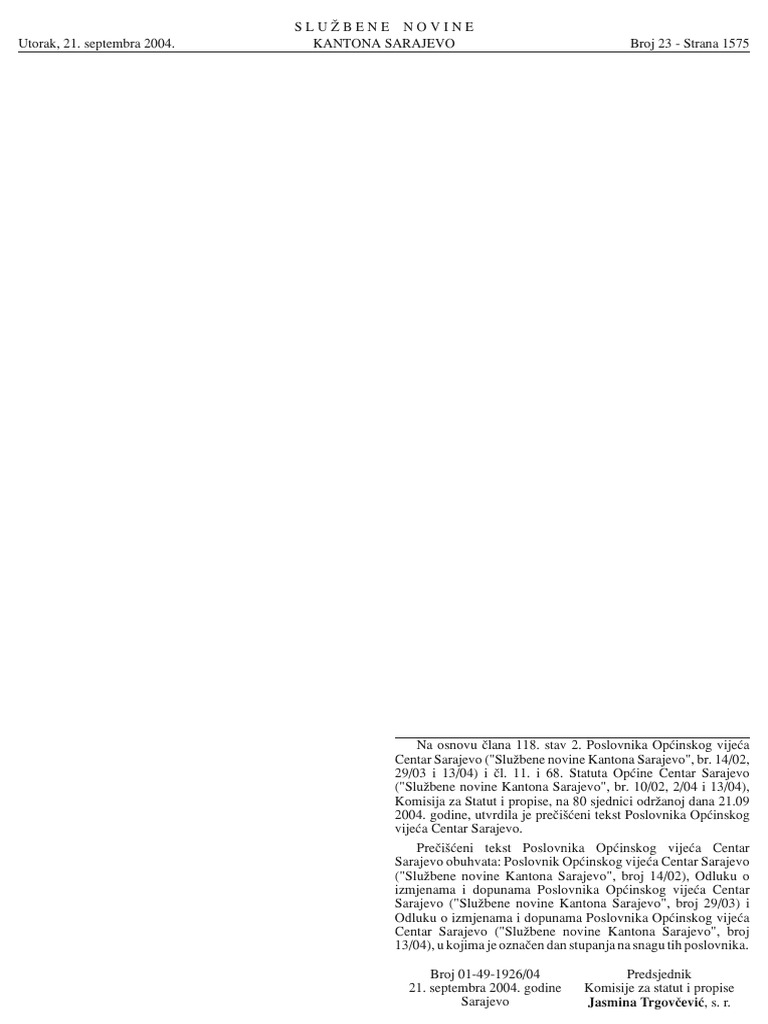 Poslovnik Opcinskog Vijeca Centar Sarajevo Pdf