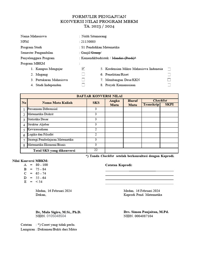 Konversi Nilai Mahasiswa MBKM | PDF
