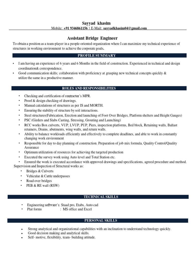 Assistant Bridge Engineer Resume | PDF | Engineering