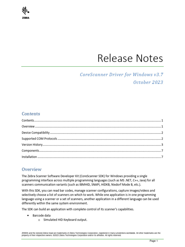 CoreScanner Driver Release Notes v3.7 | PDF | Image Scanner | Microsoft ...