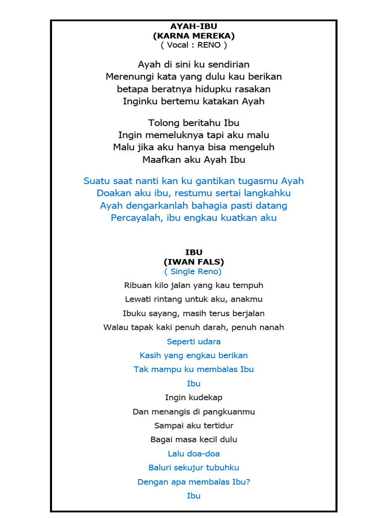 Lirik Lagu Ayah Ibu dan Rindu | PDF