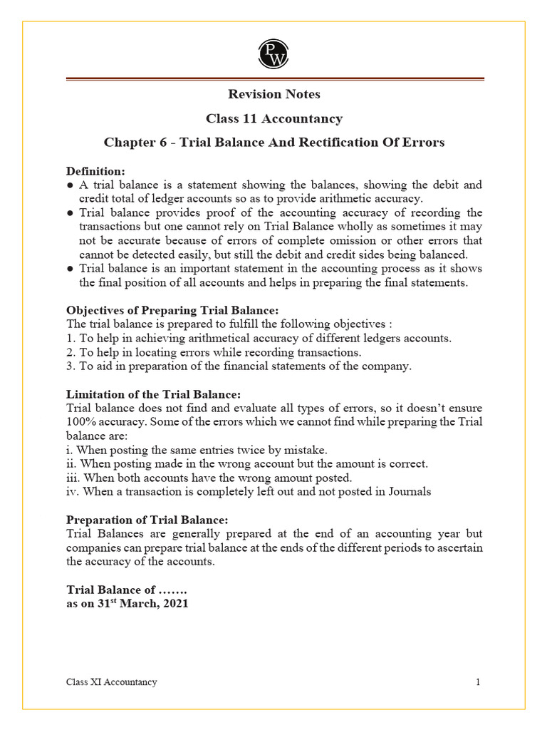 Trial Balance and Rectification of Errors Class 11 Notes CBSE ...
