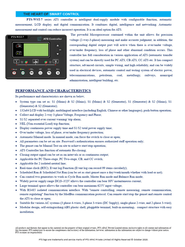 PTS-WST-7 ATS Controller Overview | PDF | Power Supply | Mains Electricity