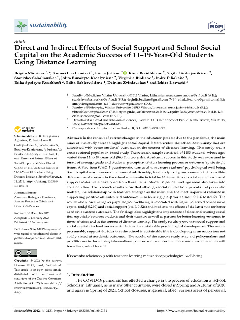 Sustainability 14 02131 | PDF | Mental Health | Social Support
