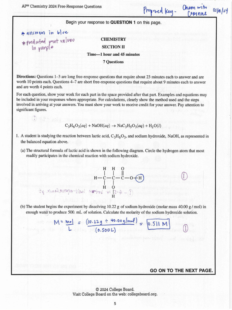 Proposed AP Chemistry 2024 FRQ Key PDF