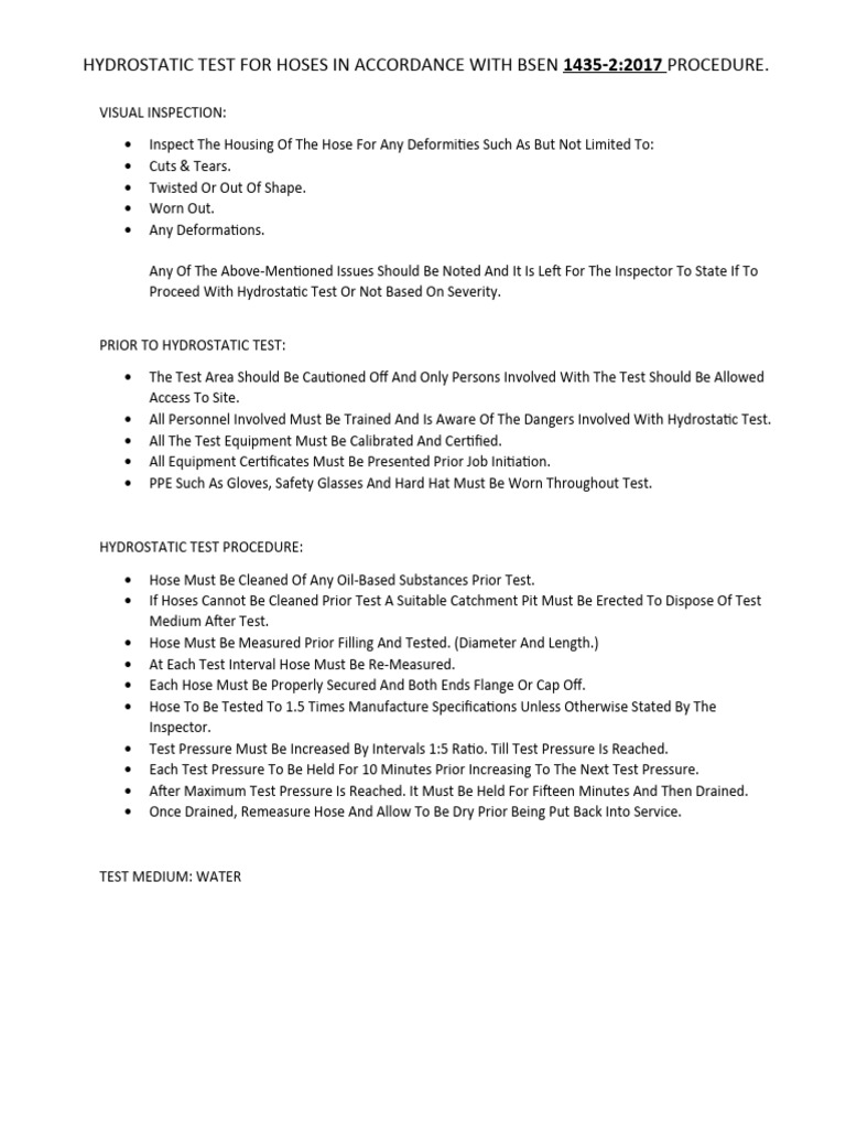 Hydrostatic test procedure for hose pdf