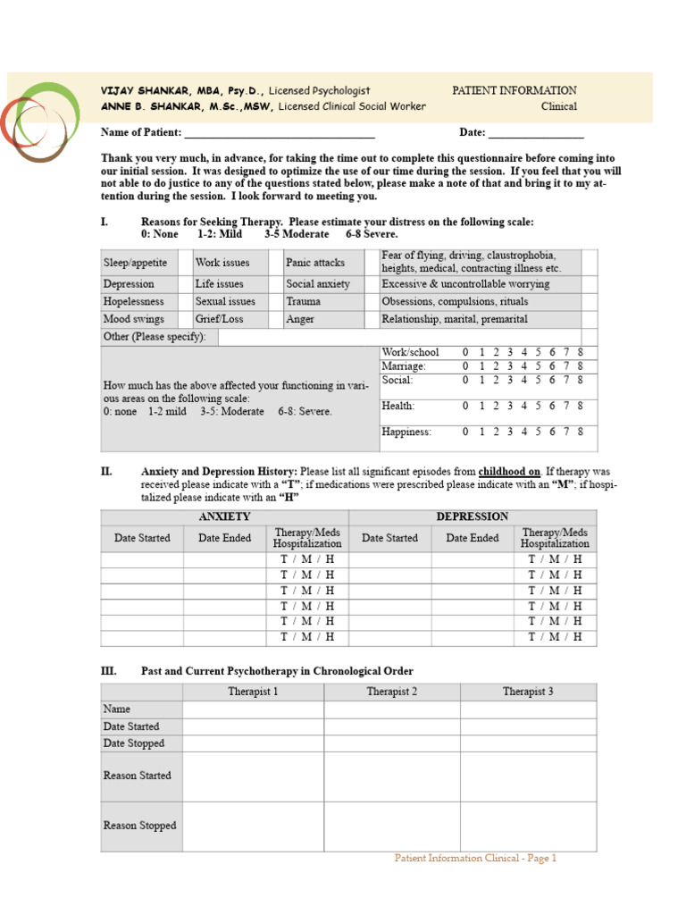 Patient Intake Questionnaire for Therapy | PDF | Psychotherapy ...