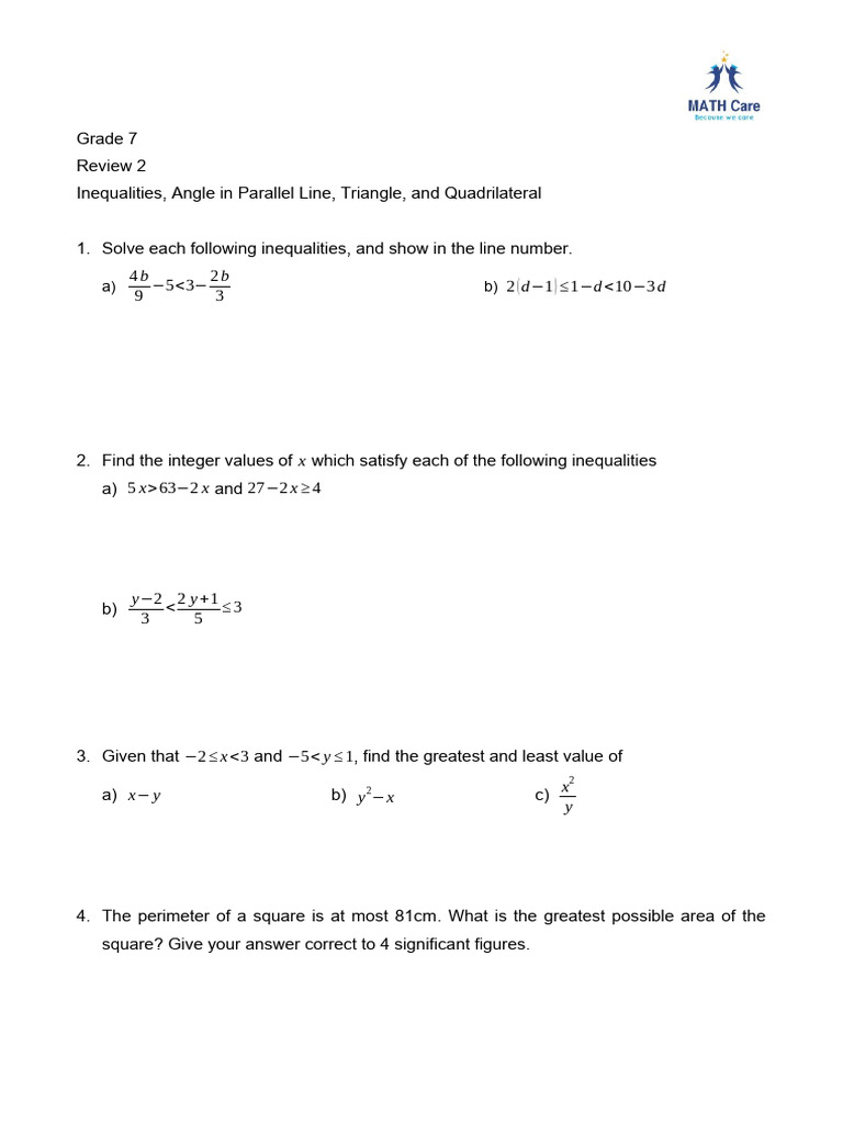 Grade 7 Math: Inequalities & Geometry Review | PDF