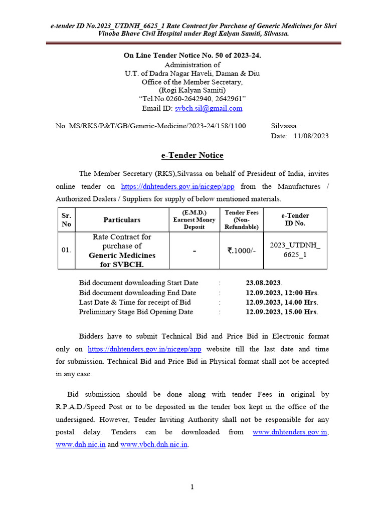E-Tender Notice: Rate Contract For Purchase of Generic Medicines For ...