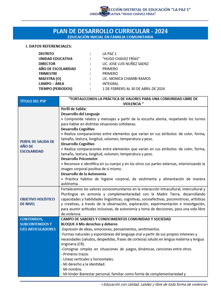 Plan de Desarrollo Curricular Inicial 2024 | PDF | Educación de la ...