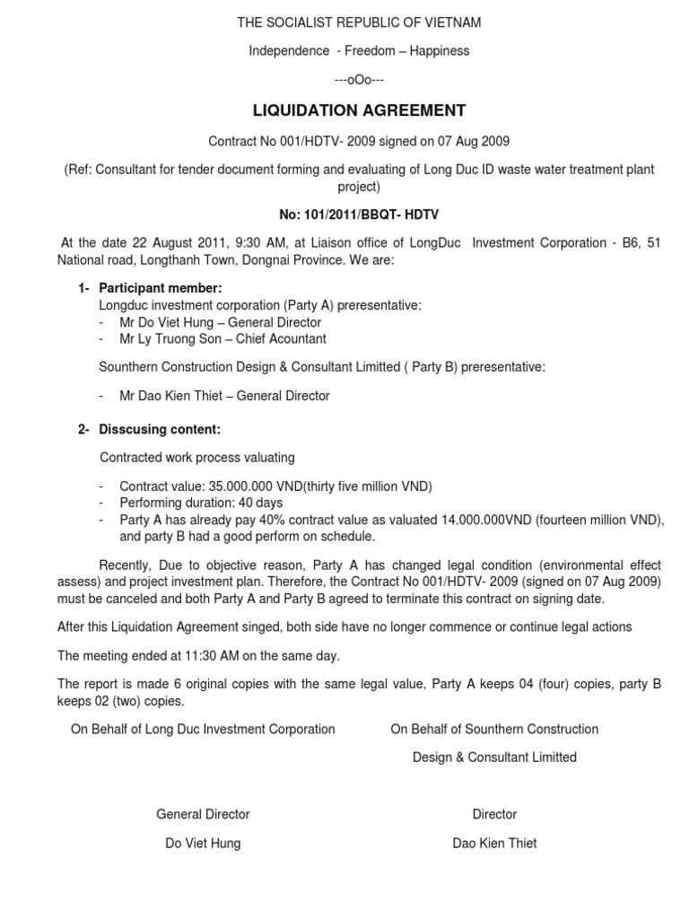 Liquidation Agreement for Long Duc Project | PDF