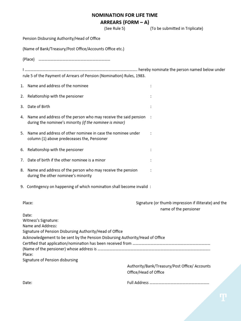 LTA Nomination for Pension Arrears Form | PDF | Pension | Personal Finance