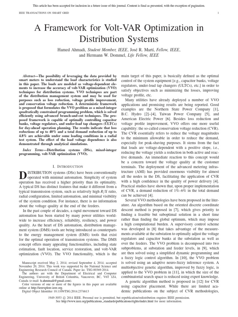 A Framework for Volt-VAR Optimization in | Download Free PDF | Electric ...