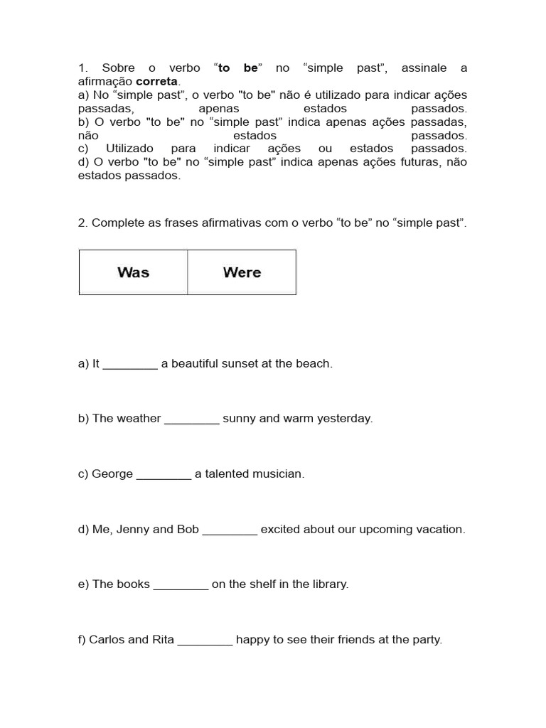 Verbo To Be no Simple Past: Exercícios | PDF