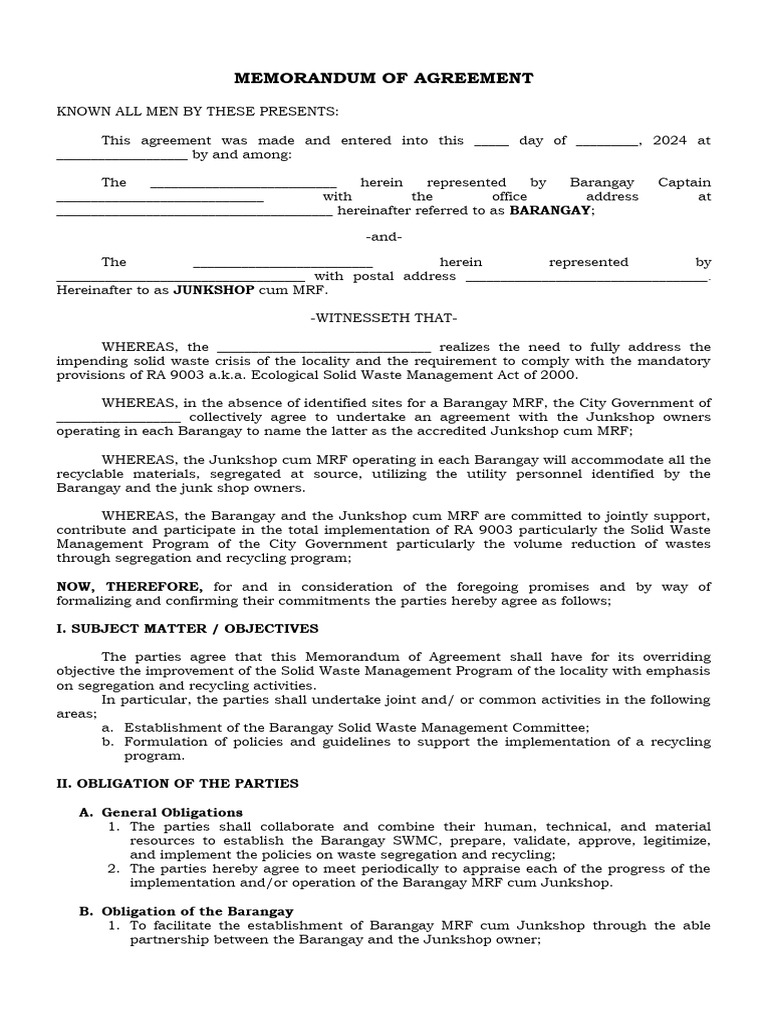 Junkshop-MRF Agreement for Waste Management | PDF | Recycling | Waste ...