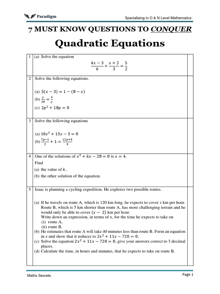 Sec-2-Paradigm-Math-Quadratic-Equations | PDF | Equations | Quadratic ...