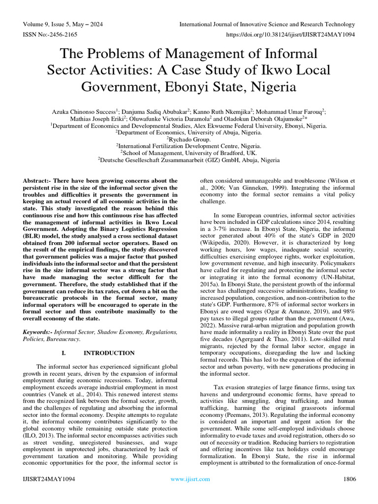 The Problems of Management of Informal Sector Activities: A Case Study ...