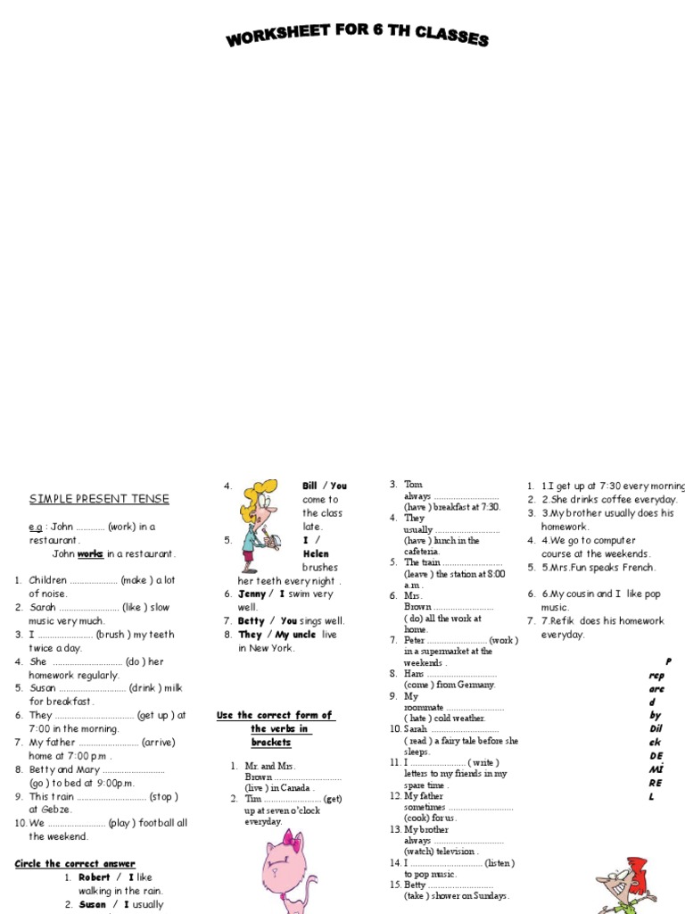 english grade 4 exercises for Grade : present Worksheets worksheet Tense tense For Present 1 Simple
