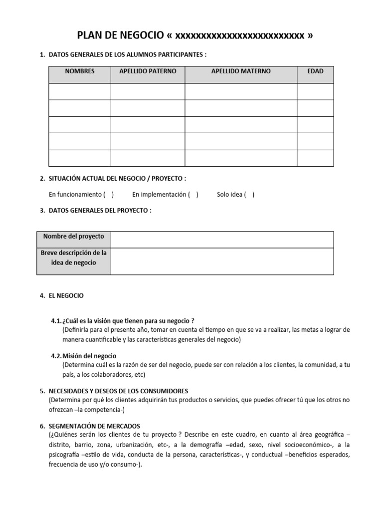 Formato de Plan de Negocio 2024 | PDF | Plan de negocios | Producto ...